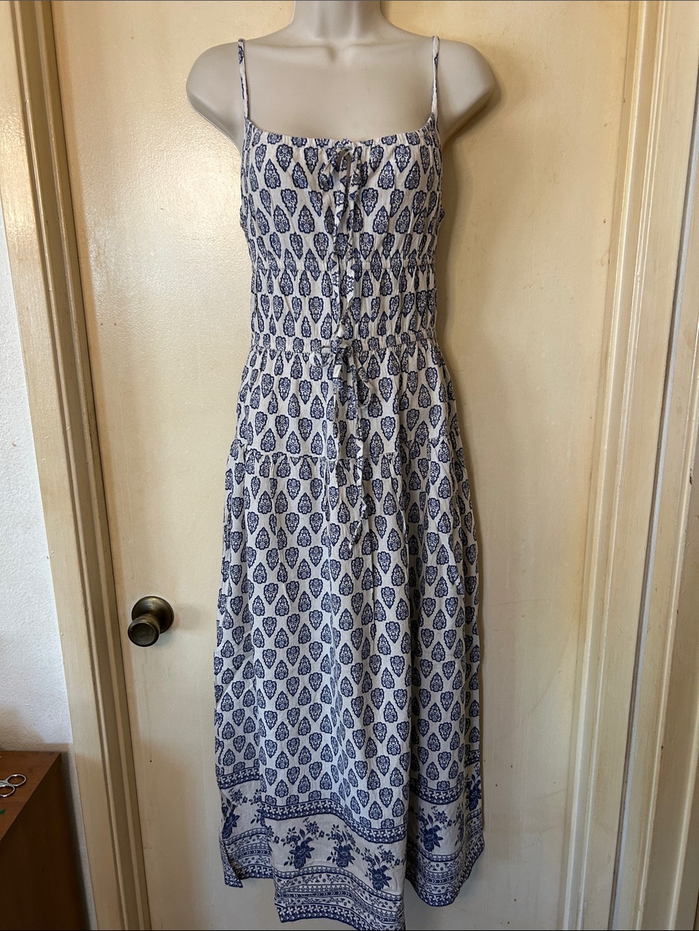 Sim and Sam Linen Blend Cream and Blue Maxi Dress size M